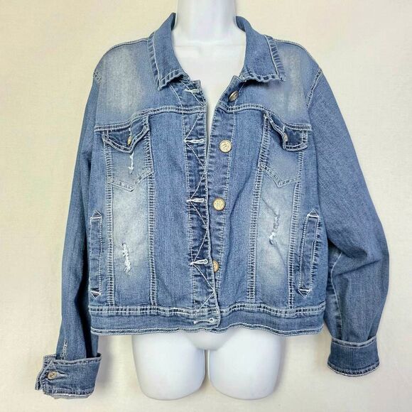 Maurices Denim Jean Jacket Distressed Blue Size 2x Plus - Picture 1 of 5